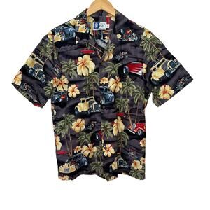 Vintage Hawaiian Shirt RJC Old Timey Cars Size Large Palm Trees Floral Button Up